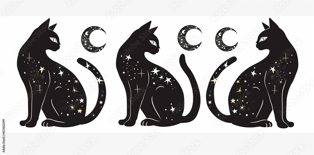 The black magic cats have an esoteric crescent moon symbol, a constellation, stars and magical elements. The black magic cats have an esoteric crescent moon symbol, a constellation, stars and magical elements.