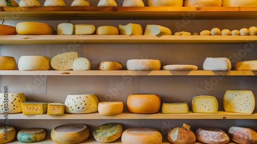 shelves with various types of cheese, cheese production