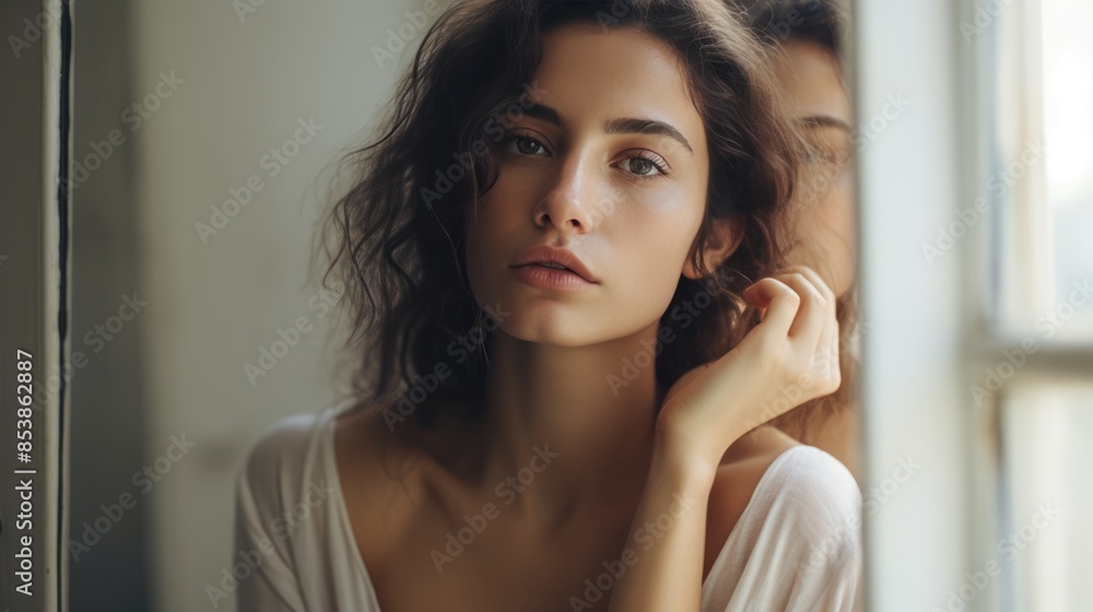 A young, olive skinned woman with long, dark curly hair and a serious expression, sitting against a plain background