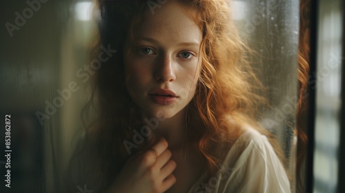 A young, fair skinned woman with long, wavy red hair and green eyes, looking thoughtfully at the camera against a blurred background © ZEKINDIGITAL