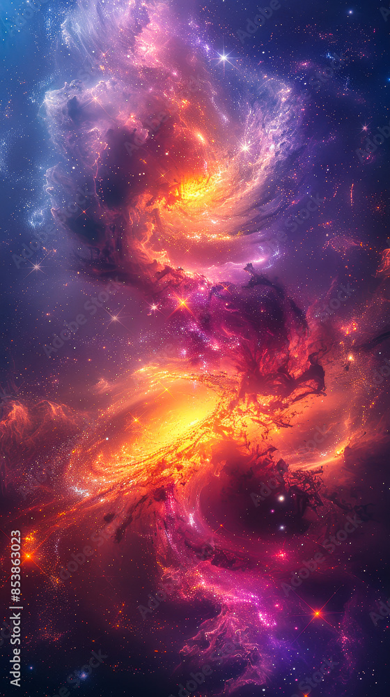 Naklejka premium Vibrant Interstellar Nebula with Stars in Galaxy, Colorful Cosmic Clouds Beyond Milky Way, Outer Space Astronomy Night Sky