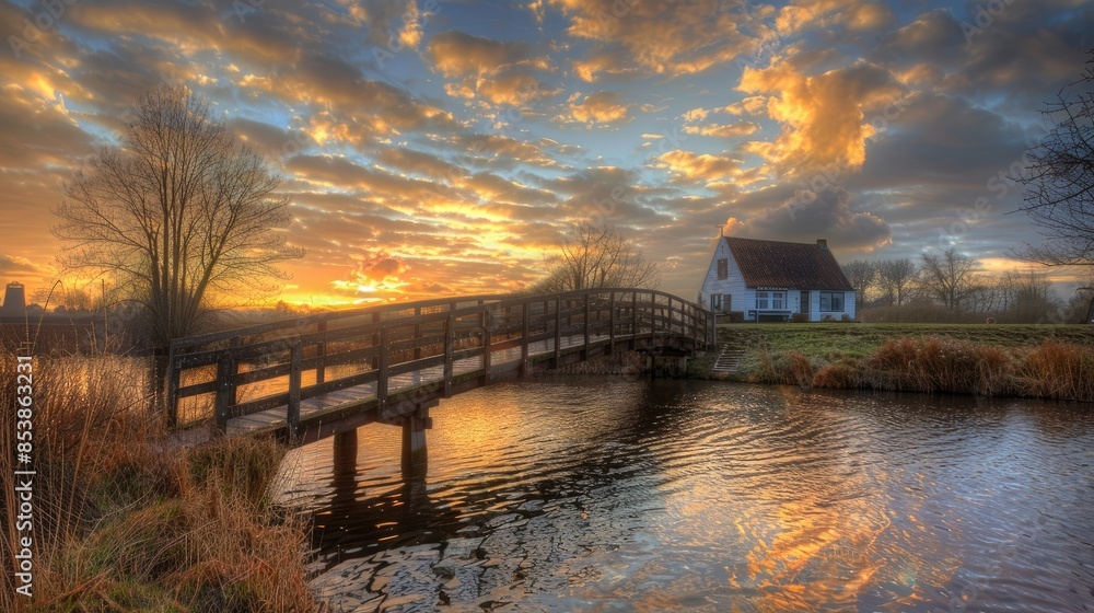 a colorful sunset, featuring green fields, an old windmill, and a small path leading to the mill along a canal reflecting the vibrant sky hues. a colorful sunset, featuring green fields, an old windmill, and a small path leading to the mill along a canal reflecting the vibrant sky hues.