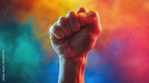 A fist is raised in the air with a colorful background