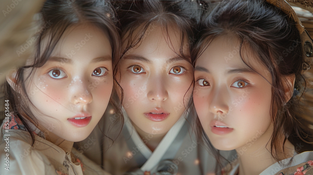 group portrait, three Korean girls, looking at each other, in a traditional Hanok,generative ai group portrait, three Korean girls, looking at each other, in a traditional Hanok,generative ai