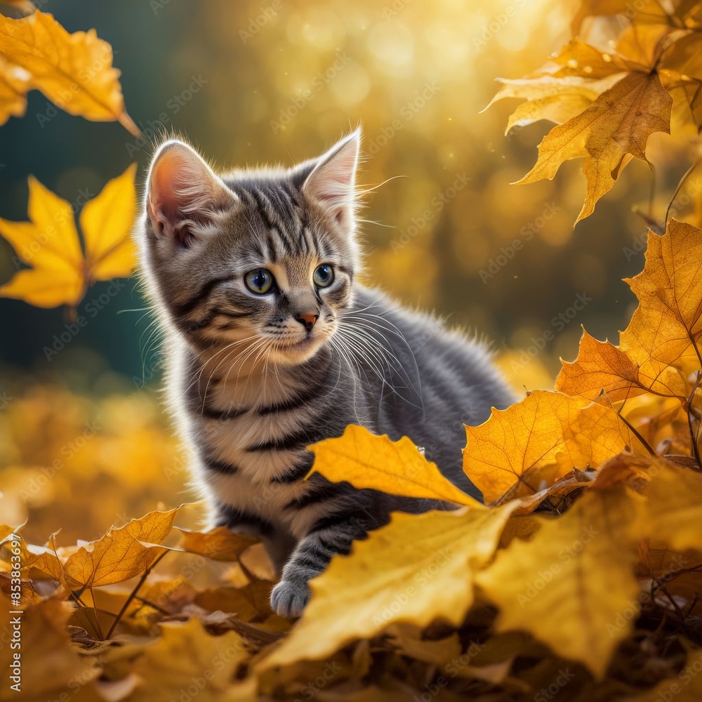 Obraz premium Cute little kitten on autumn leaves background. Animal in nature.