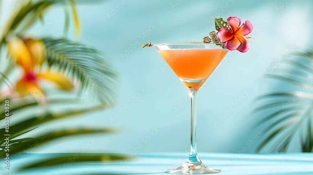 Exotic Pink Tropical Cocktail with Floral Garnish on Beach Scene Exotic Pink Tropical Cocktail with Floral Garnish on Beach Scene