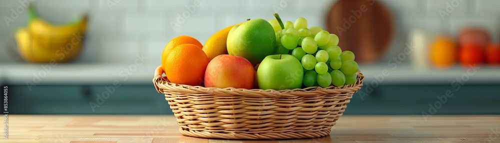 A wicker basket filled with fresh and colorful fruits, including oranges, apples, and grapes, on a wooden kitchen countertop. A wicker basket filled with fresh and colorful fruits, including oranges, apples, and grapes, on a wooden kitchen countertop.