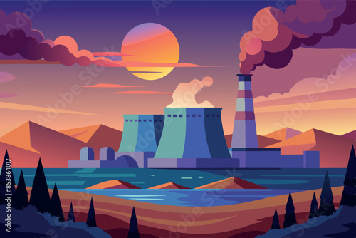 industrial complex with many smoking chimneys, cooling towers and various buildings. In the background is a clear sky with clouds near the horizon.