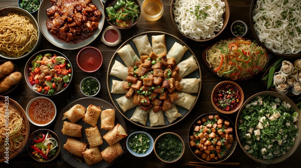 A colorful array of traditional Chinese dishes, including egg rolls and rice noodles A colorful array of traditional Chinese dishes, including egg rolls and rice noodles