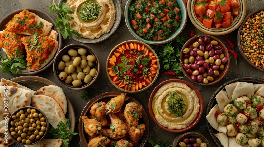 A colorful spread of Middle Eastern dishes A colorful spread of Middle Eastern dishes