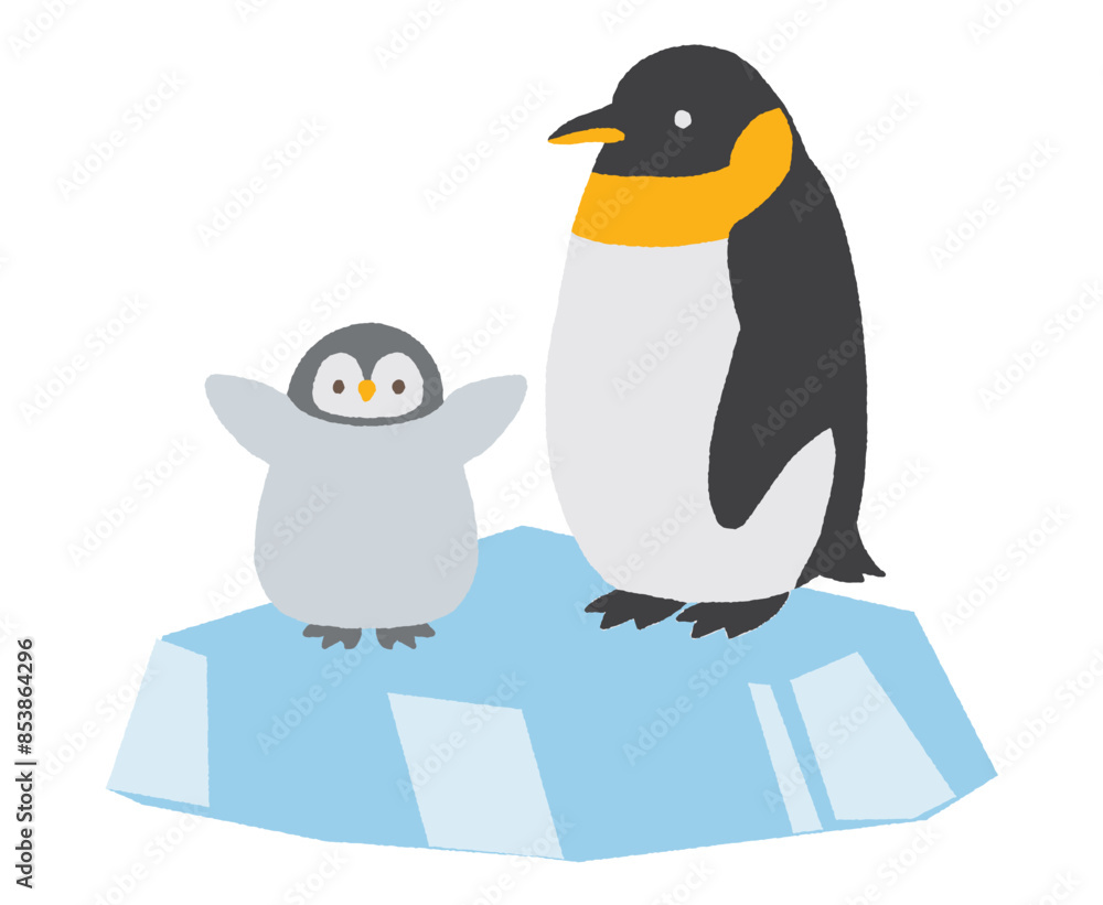 Obraz premium ゆるい手描きのコウテイペンギン親子