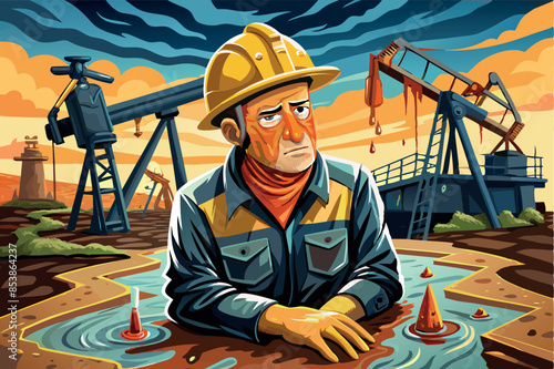 An oil worker works at an oil refinery. Everything around him is polluted. The topic of energy extraction and violation of environmental norms