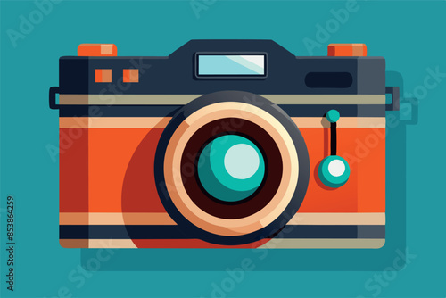Retro style illustration of a vintage camera, done in bright colors with flat and three-dimensional design elements.