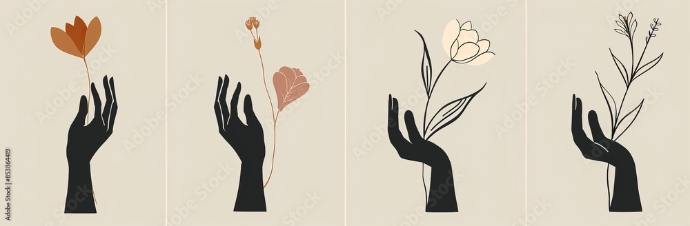 Illustrations of mystical female hands and magic flowers, minimal celestial and floral line art, pre-made logos Illustrations of mystical female hands and magic flowers, minimal celestial and floral line art, pre-made logos