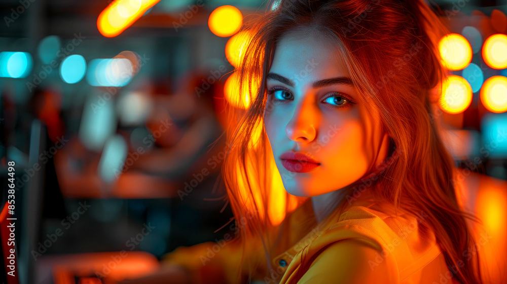 Young Caucasian woman with brown hair and blue eyes wearing a yellow sweater Young Caucasian woman with brown hair and blue eyes wearing a yellow sweater