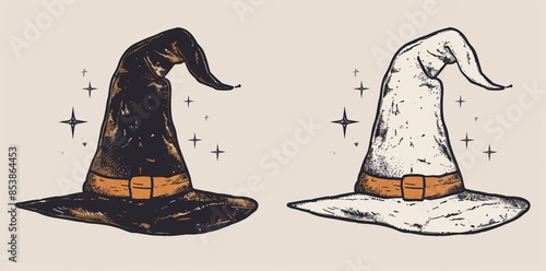 The witch's magic hat is vintage retro Halloween graphic art. Vector. Hand drawn element in engraving. photo