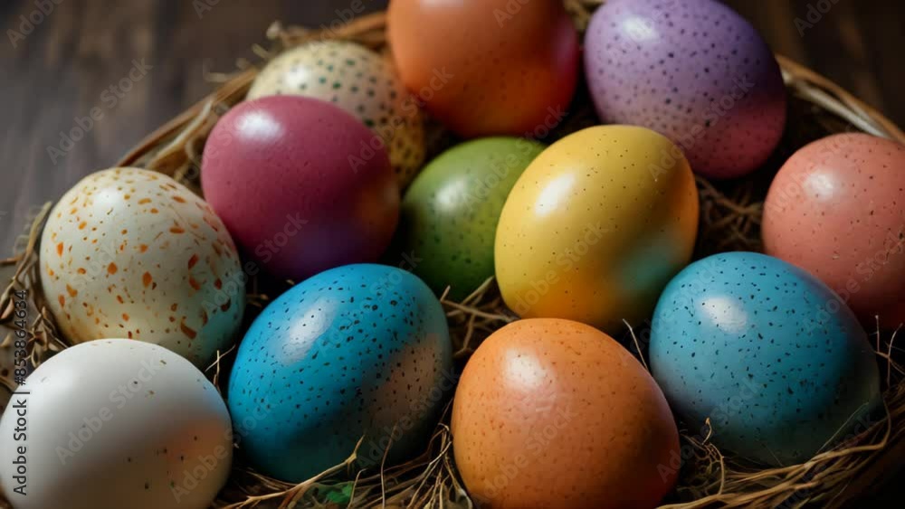 set of intricately designed Easter eggs in nest, featuring detailed patterns and vibrant colors. decorated eggs showcase blue, red, yellow, and orange hues, emphasizing creativity and festive spirit set of intricately designed Easter eggs in nest, featuring detailed patterns and vibrant colors. decorated eggs showcase blue, red, yellow, and orange hues, emphasizing creativity and festive spirit