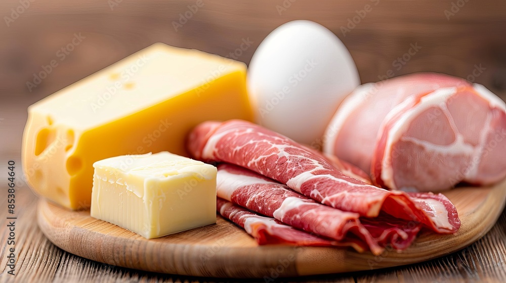 Assorted keto-friendly foods, including cheese, butter, egg, and cured meats, perfect for a low-carb diet on a wooden cutting board. Assorted keto-friendly foods, including cheese, butter, egg, and cured meats, perfect for a low-carb diet on a wooden cutting board.