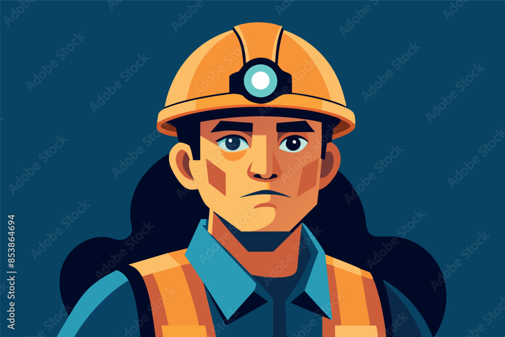 miner in helmet and vest. The theme of mining coal or other minerals. A feeling of fatigue from hard work