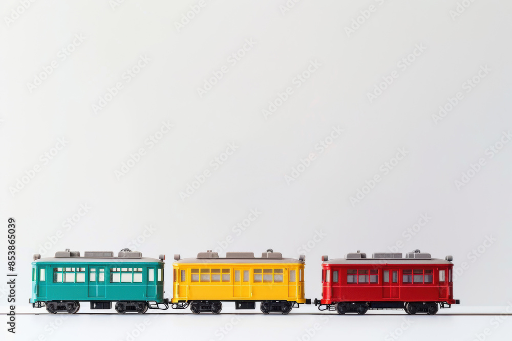 Three toy trains are lined up on a white background Three toy trains are lined up on a white background