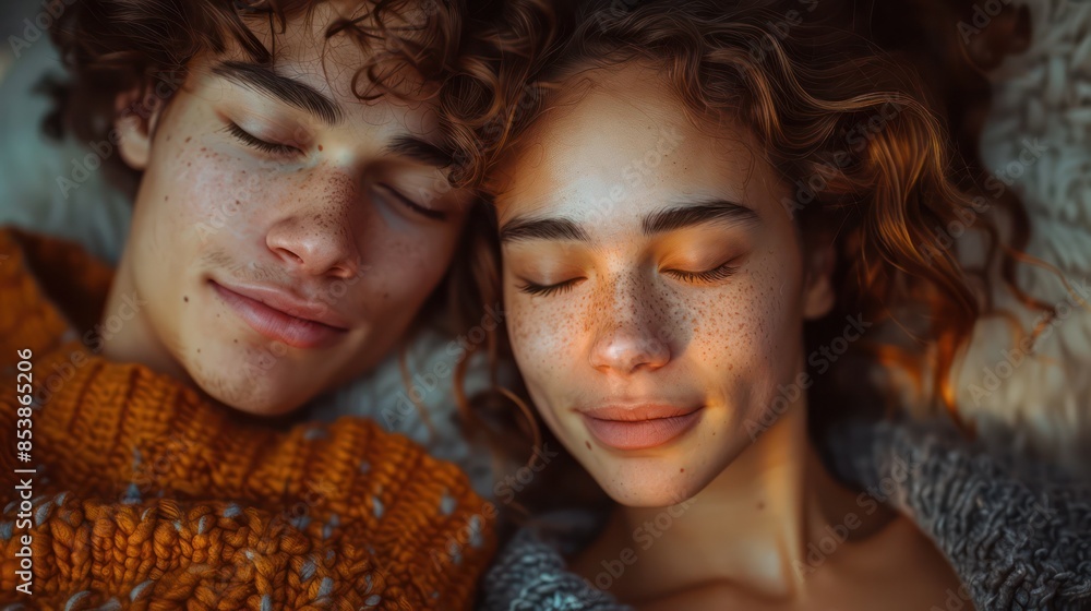 Obraz premium A person who feels relaxed and satisfied while cuddling with a loved one.