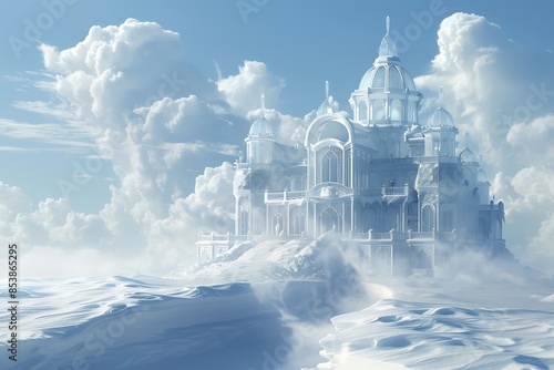 A wintera??s tale with a crystal palace emerging from a snowdrift photo