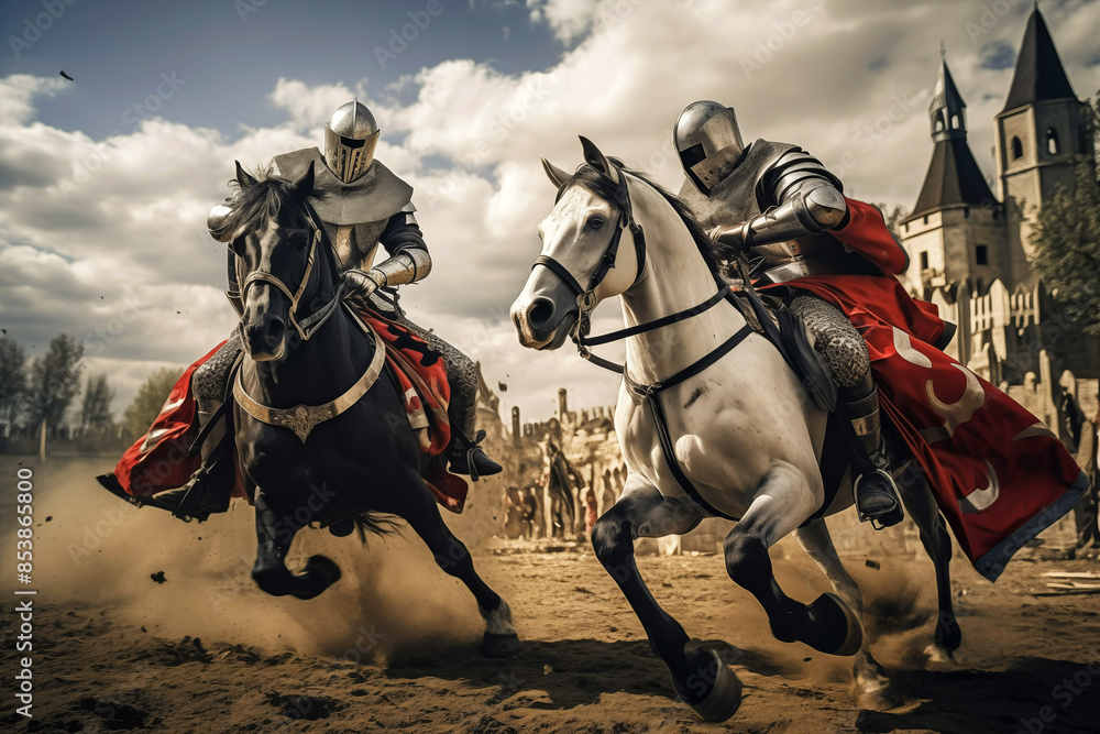 Two medieval knights wearing iron armor riding horses. Generative AI