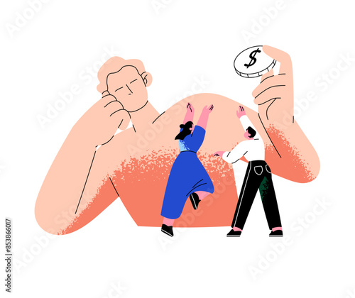 Invisible authority controls, influences on people with reaching for money. Financial manipulation of marionettes, puppets. Finances dependence. Flat isolated vector illustration on white background