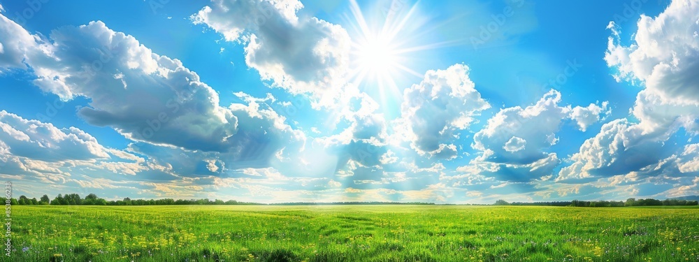 Natural scenic panorama of green grass under a blue sky with clouds on the horizon. Sunny summer day. Natural scenic panorama of green grass under a blue sky with clouds on the horizon. Sunny summer day.
