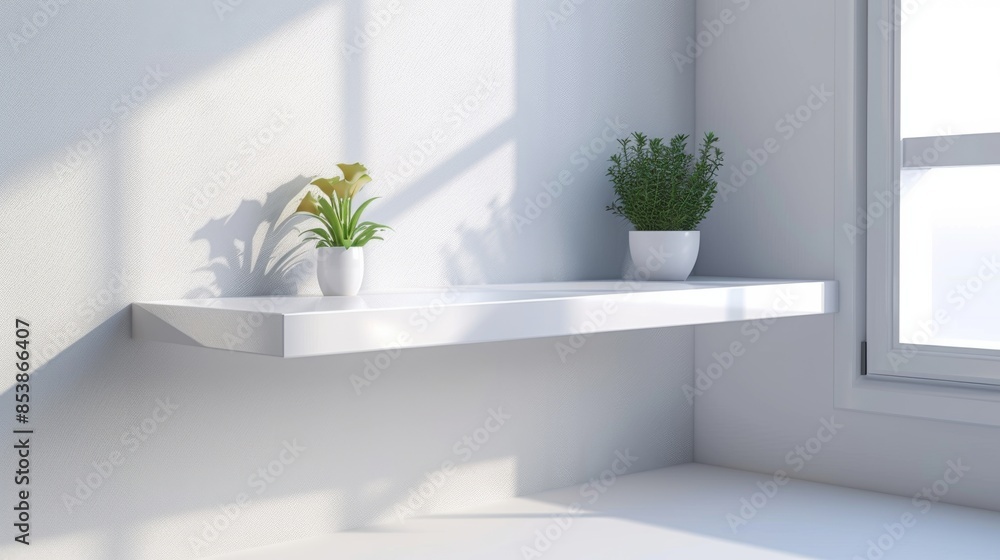 A white shelf with a plant on it and a window behind it A white shelf with a plant on it and a window behind it