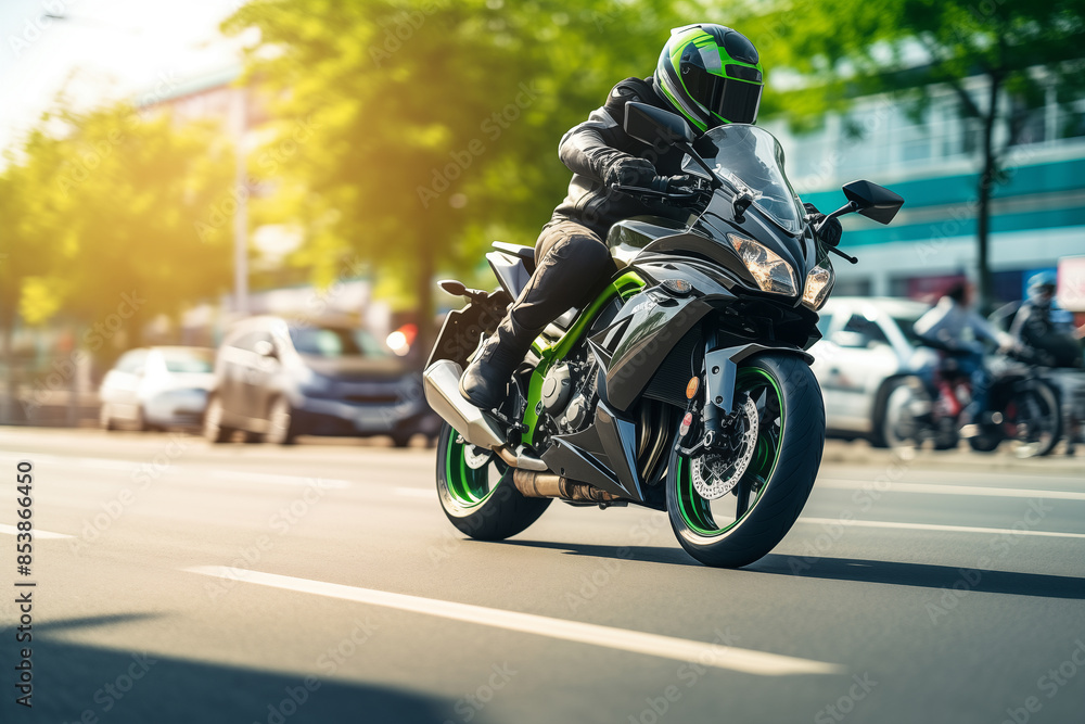 Man riding fast on modern sport motorbike at city street. Generative AI Man riding fast on modern sport motorbike at city street. Generative AI