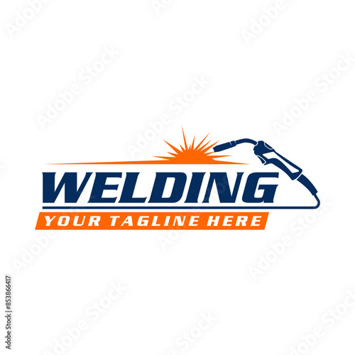 Welding torch with spark logo design. Welder tool vector design