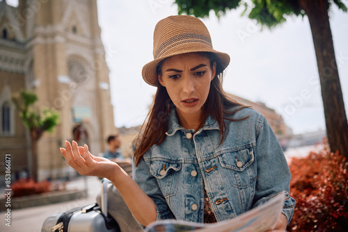 Confused woman looking at map while exploring city. photo