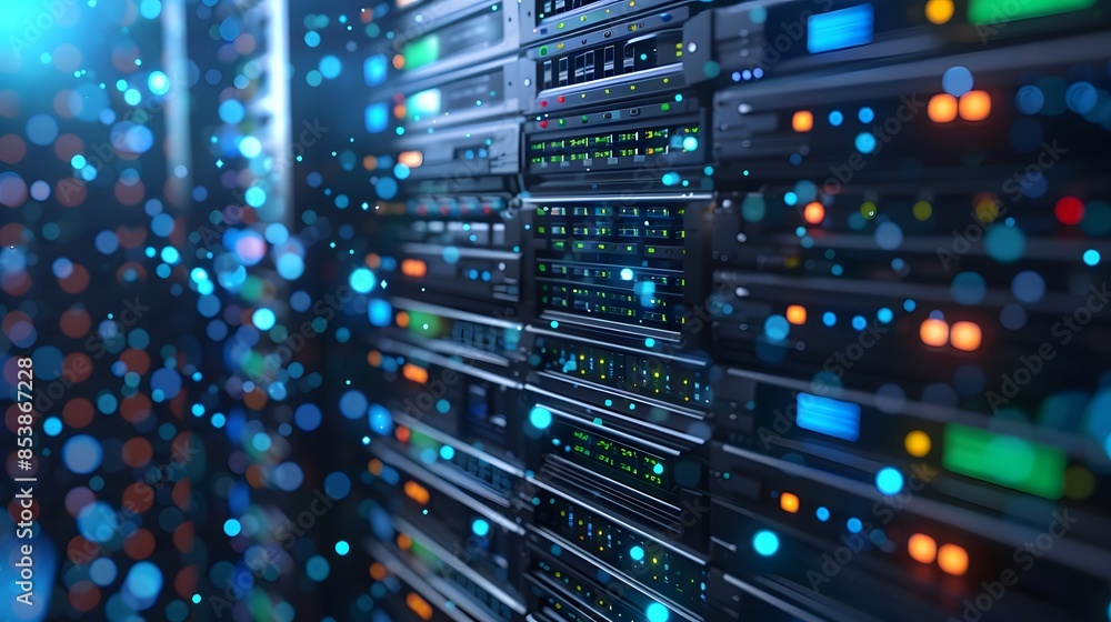 A closeup of an open server rack with colorful, blue and green computer hard degrees in the background. A closeup of an open server rack with colorful, blue and green computer hard degrees in the background.