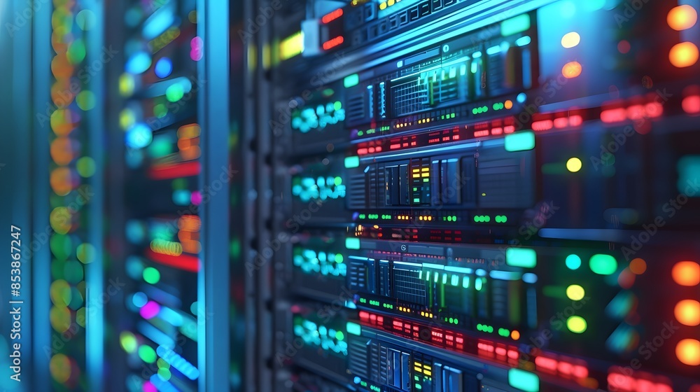A closeup of an open server rack with colorful, blue and green computer hard degrees in the background. A closeup of an open server rack with colorful, blue and green computer hard degrees in the background.