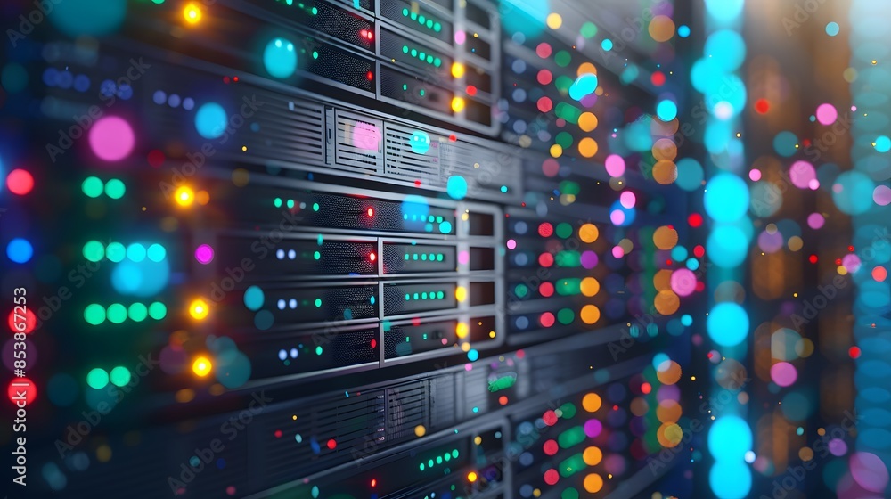 A closeup of an open server rack with colorful, blue and green computer hard degrees in the background. A closeup of an open server rack with colorful, blue and green computer hard degrees in the background.