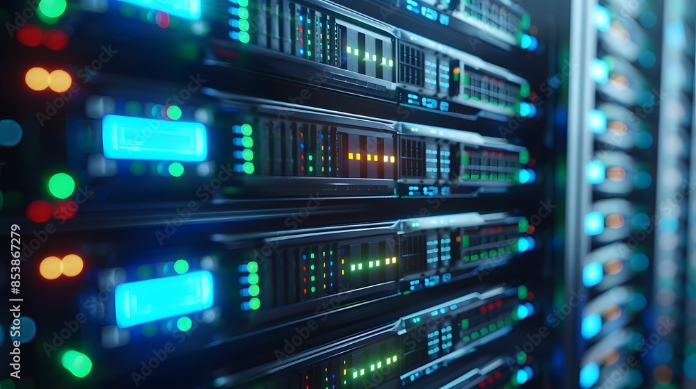 A closeup of an open server rack with colorful, blue and green computer hard degrees in the background. A closeup of an open server rack with colorful, blue and green computer hard degrees in the background.