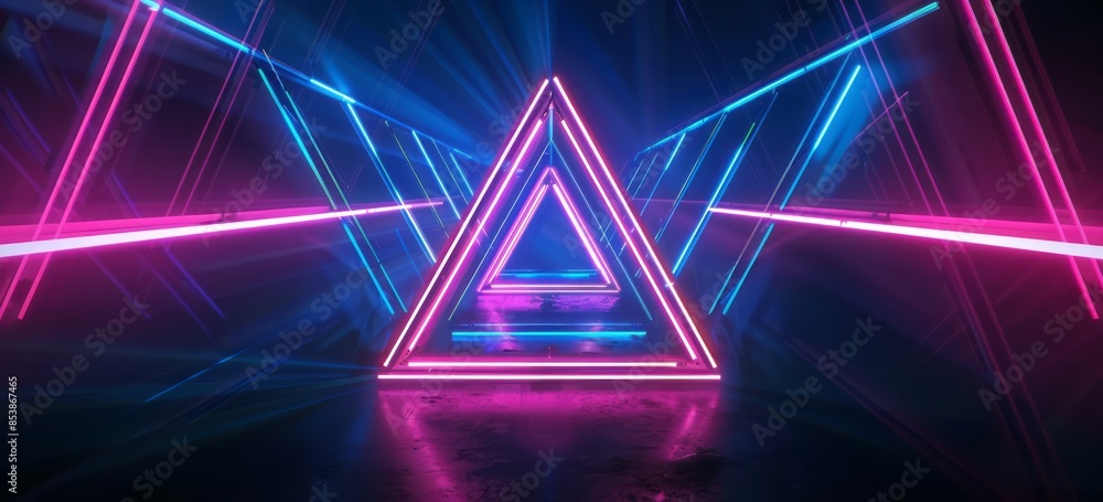 Vibrant neon lights forming an isosceles triangle on dark background, glowing in blue and pink hues with dynamic beams of light rays emanating from the center Vibrant neon lights forming an isosceles triangle on dark background, glowing in blue and pink hues with dynamic beams of light rays emanating from the center