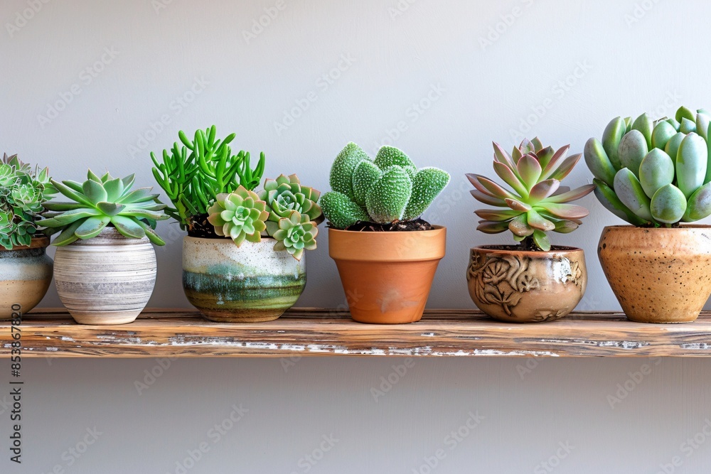 Variety of succulents arranged on shelf Variety of succulents arranged on shelf