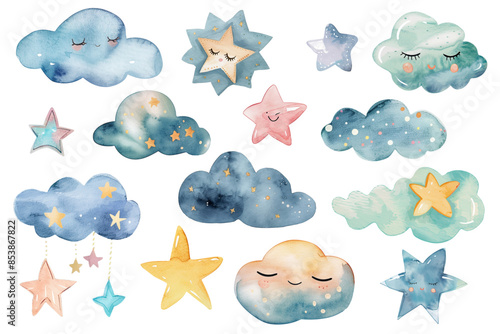 Set of watercolor clouds and stars. Wallpaper stickers. Childlike fantasy illustration. Nursery decoration.