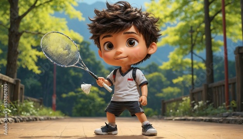 A young Japanese boy is holding a badminton racket and smiling, standing on a path with trees in the background. 3D cartoon style.