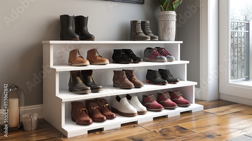 A white shoe rack with three shelves and a red shoe on the top shelf