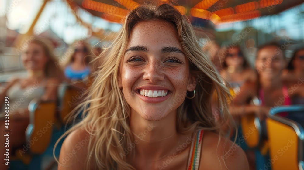 Group of friends having fun in an amusement park Helps increase dopamine levels Group of friends having fun in an amusement park Helps increase dopamine levels