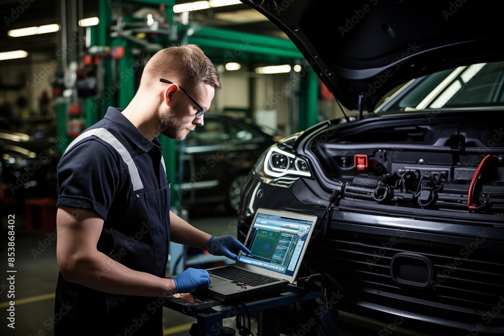 Auto mechanic providing computer diagnostic at car service station. Generative AI Auto mechanic providing computer diagnostic at car service station. Generative AI