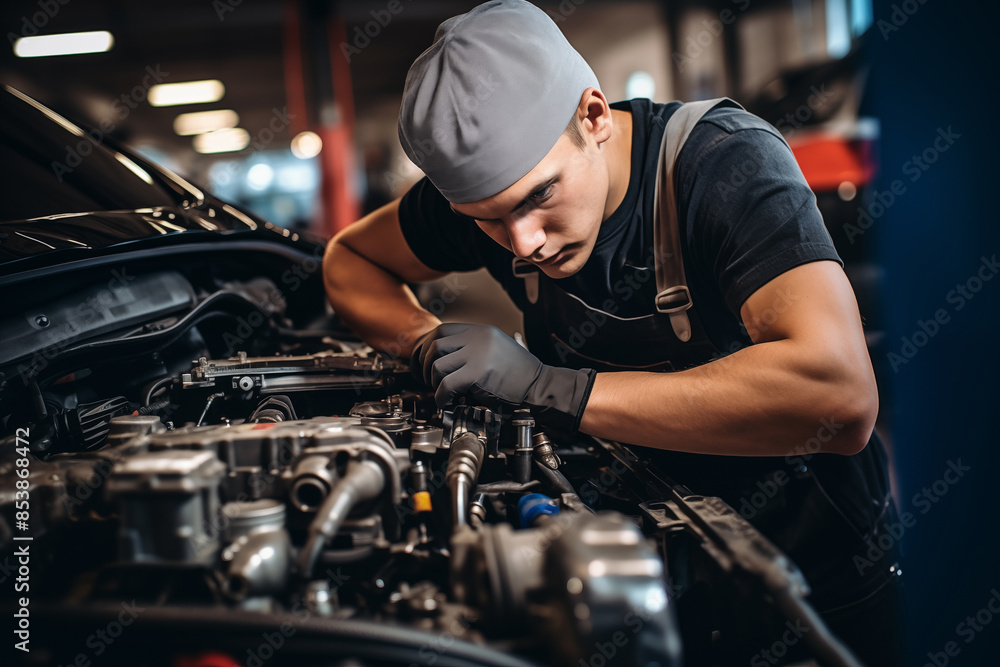 Man mechanic repairing engine fixing breakage. Generative AI Man mechanic repairing engine fixing breakage. Generative AI