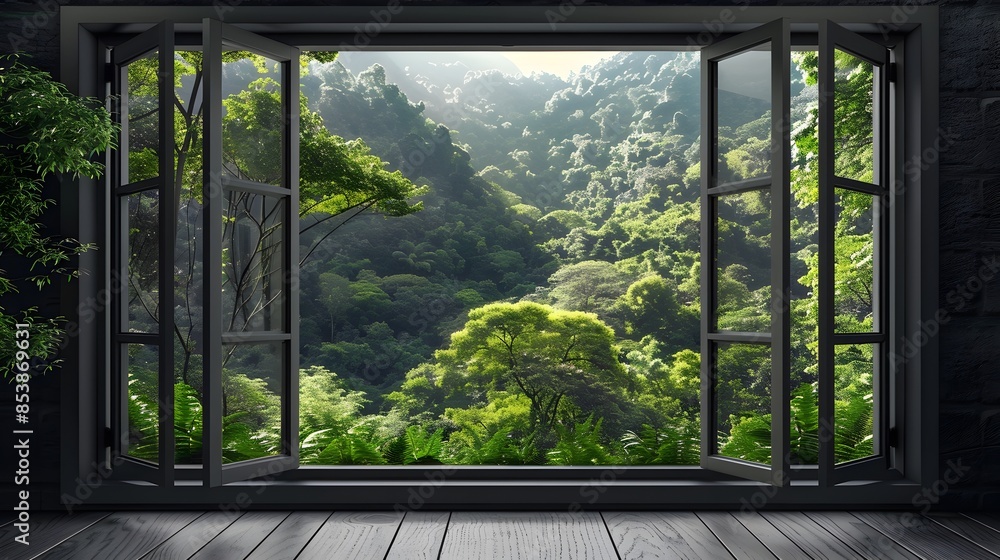 Fototapeta premium Lush Green Foliage Framed by Interior Window Offering Peaceful Outdoor Scene