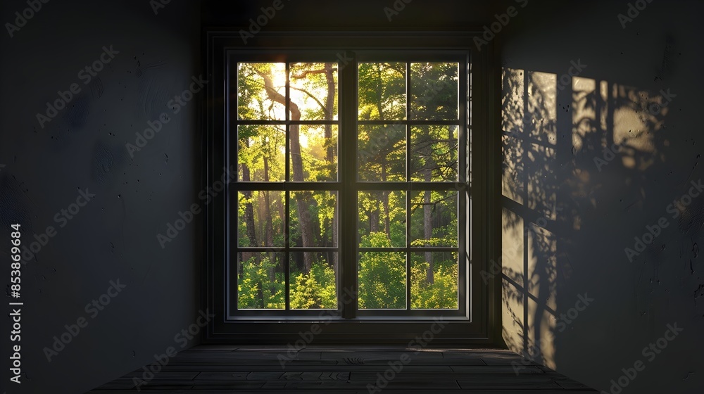 Serene Forest Scene Framed by Rustic Cabin Window Serene Forest Scene Framed by Rustic Cabin Window