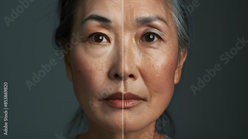 An Asian woman's face with wrinkles and skin greying over time on the left side in her late fifties, set against a simple background. Ensure that one part shows signs of aged texture.