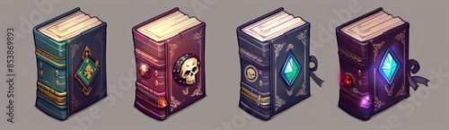 This set consists of magic spell books, alchemy grimoires, a closed wizard's diary with skulls, paw prints, crystals, and an all-seeing eye on its covers. photo