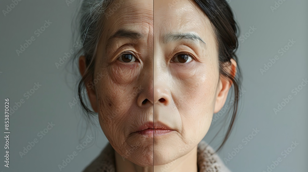 An Asian woman's face with wrinkles and skin greying over time on the left side in her late fifties, set against a simple background. Ensure that one part shows signs of aged texture. An Asian woman's face with wrinkles and skin greying over time on the left side in her late fifties, set against a simple background. Ensure that one part shows signs of aged texture.
